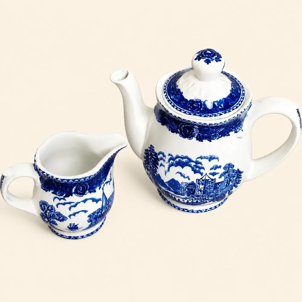 Arabia of Finland Vintage Coffee Tea Pot Creamer Blue Castle 1964–1971